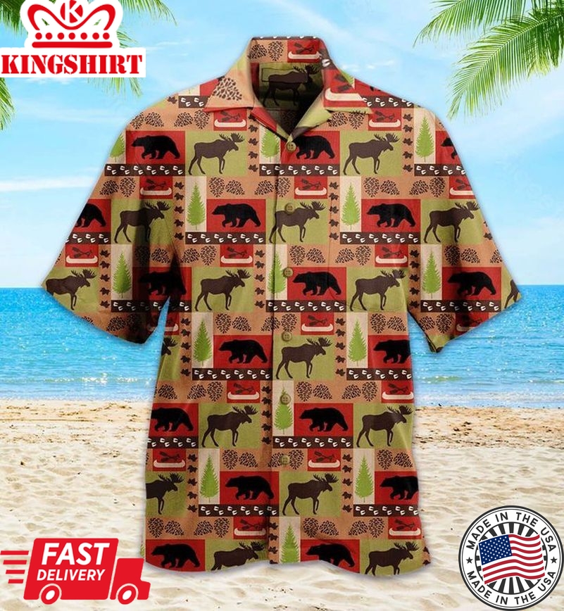 Bear And Deer Red Trendy Hawaiian Shirt 3D, Bear Lover Trendy Hawaiian Shirt For Summer Gifts