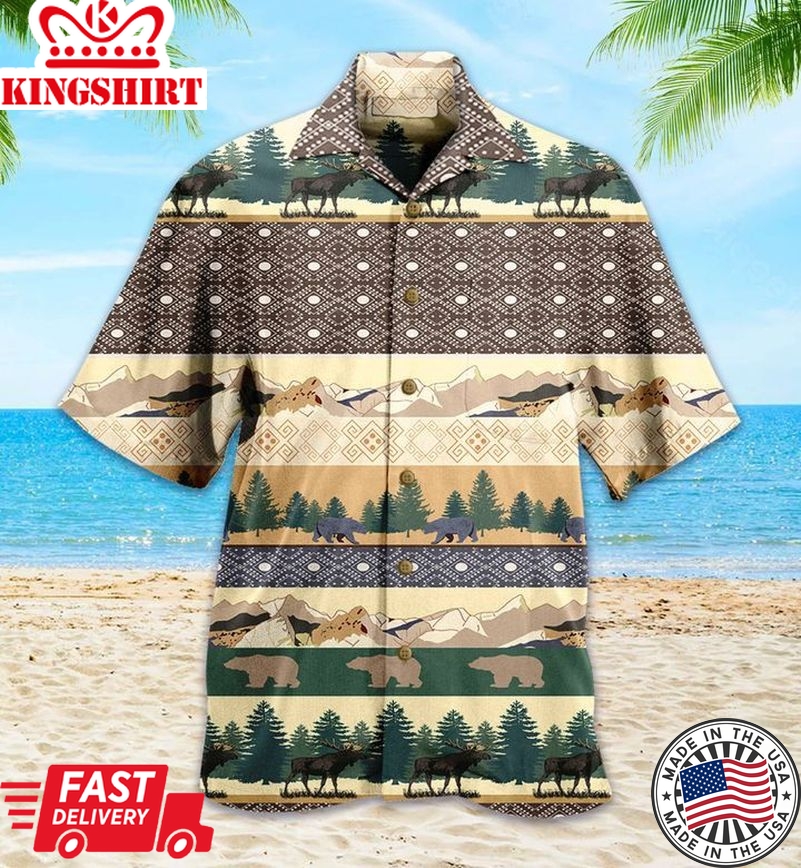 Bear And Moose Mountain Brown Trendy Hawaiian Shirt 3D Summer Gifts