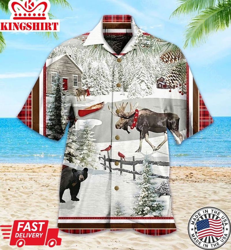 Bear And Moose Red Trendy Hawaiian Shirt 3D Summer Gifts