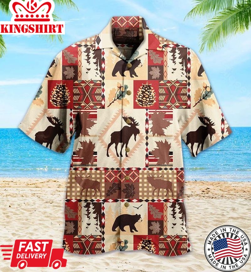 Bear And Reindeer Lodge Brown Trendy Hawaiian Shirt 3D Summer Gifts