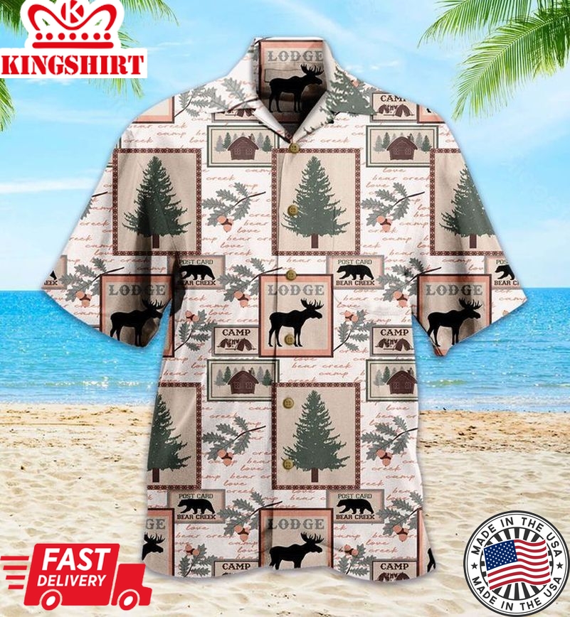 Bear Creak Lodge Beige Trendy Hawaiian Shirt 3D, Bear Lover Trendy Hawaiian Shirt For Summer Gifts