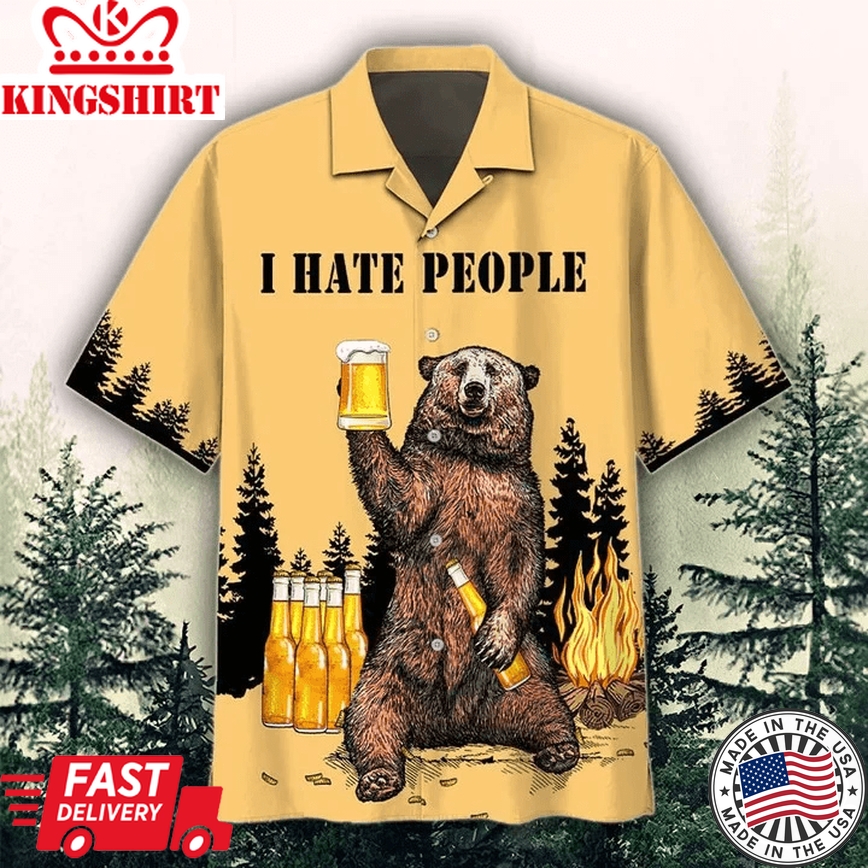 Bear Drinking Beer Summer Trendy Hawaiian Shirt, I Hate People Beer With Mug Beer Gold Theme Trendy Hawaiian Shirt