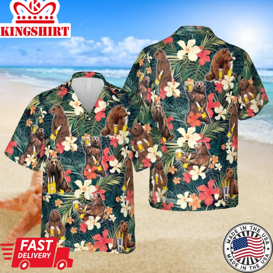 Bear Floral Hawaii Shirt, Camping Shirt, Beach Clothing