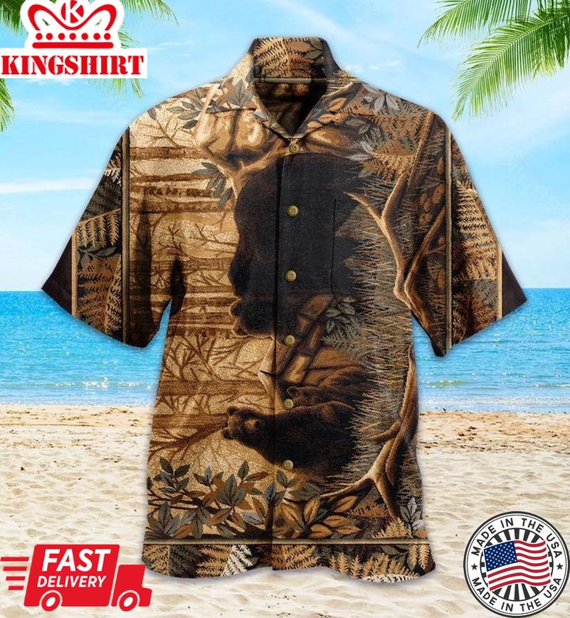 Bear In The Forest Vintage Yellow Trendy Hawaiian Shirt 3D Summer Gifts