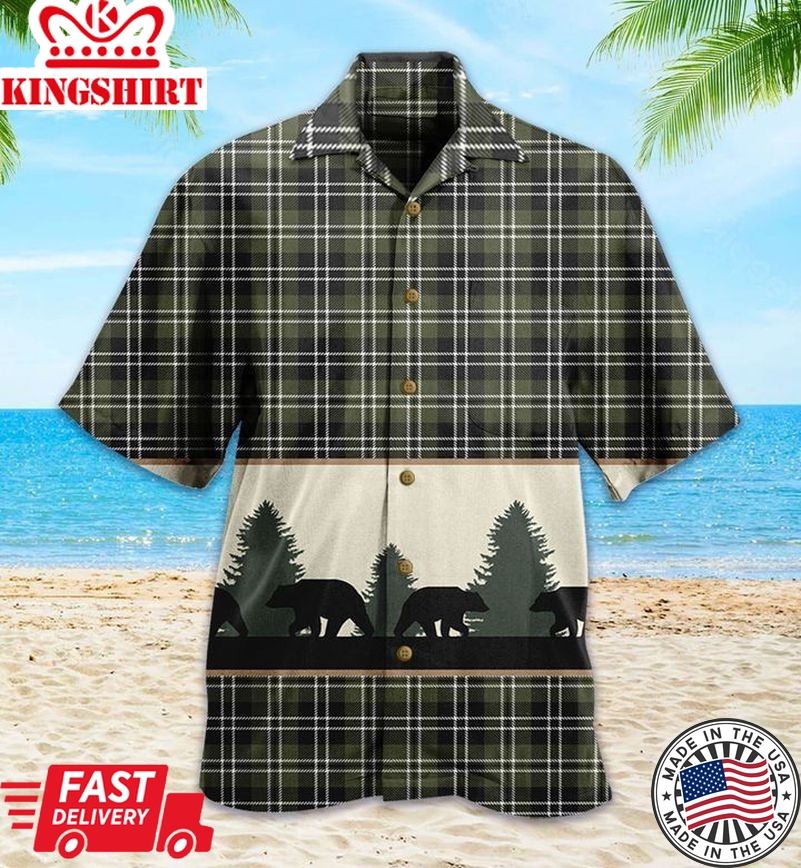 Bear Walk Plaid Grey Trendy Hawaiian Shirt 3D Summer Gifts