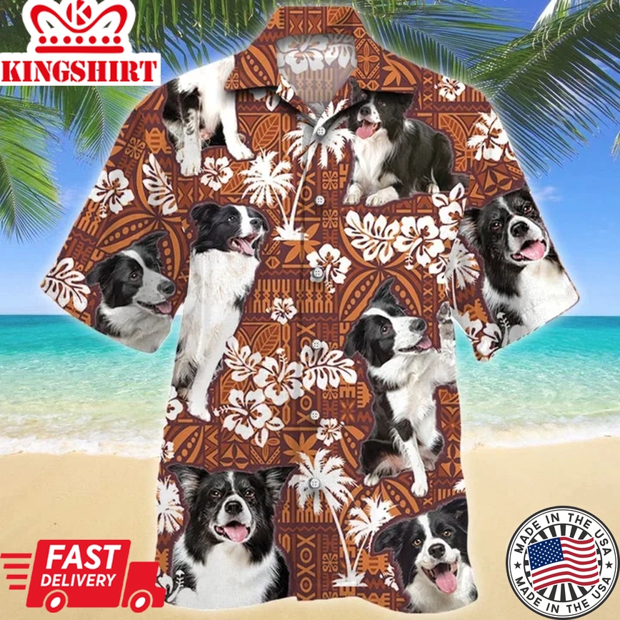 Beautiful Border Collie Dog Red Tribal Pattern Trendy Hawaiian Shirt, Border Collie Trendy Hawaiian Shirt Short Sleeve For Summer Trip Family