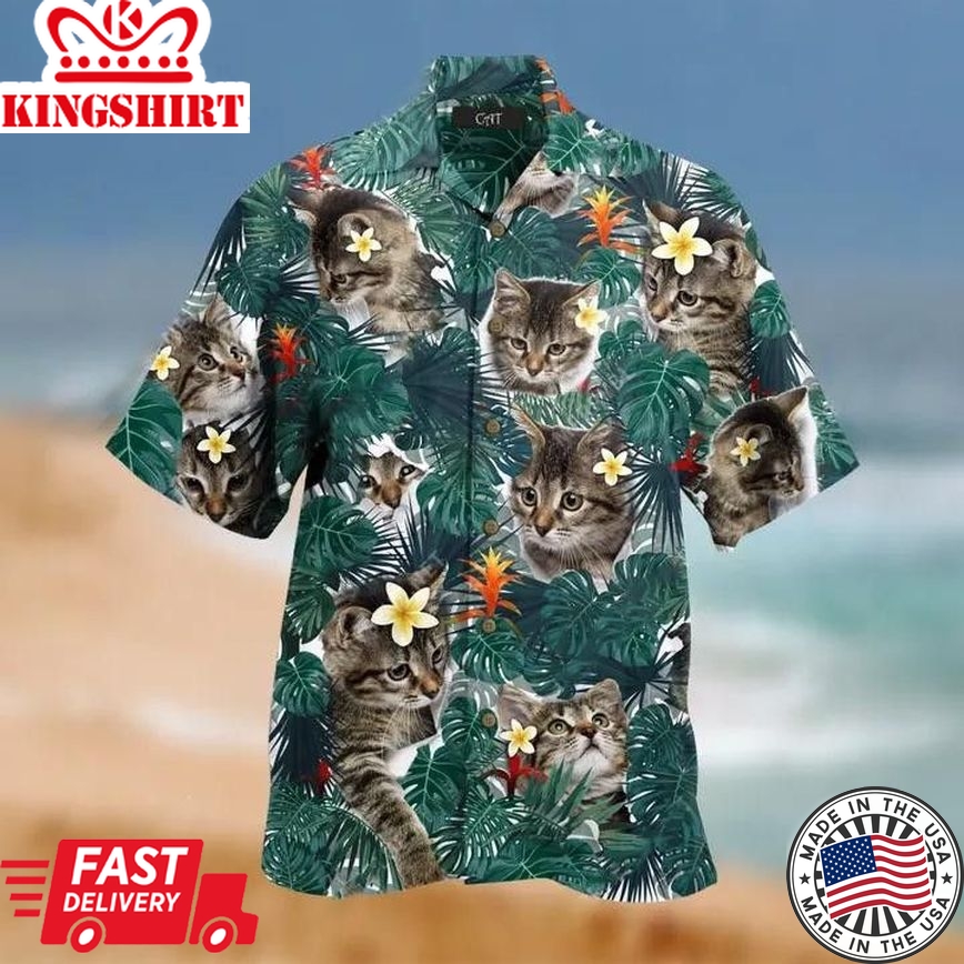 Beautiful Cat Tropical Leafs Trendy Hawaiian Shirt, Crazy Funny Trendy Hawaiian Shirt, Vintage Trendy Hawaiian Shirt For Summer Gifts