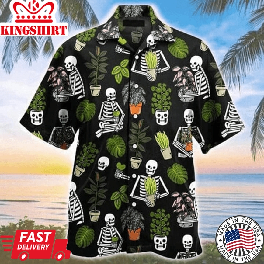 Beautiful Plant Potted Gardener Skull Pattern Trendy Hawaiian Shirt, Summer Trendy Hawaiian Shirt For Men And Women