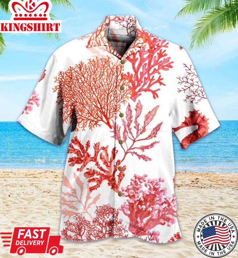 Beautiful Sea Horse Coral Red Trendy Hawaiian Shirt 3D, Coral Trendy Hawaiian Shirt For Summer Gifts