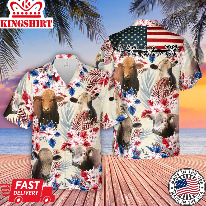 Beefalo Pattern Us Flag Trendy Hawaiian Shirt, Farm Cow Trendy Hawaiian Shirt For Men And Women