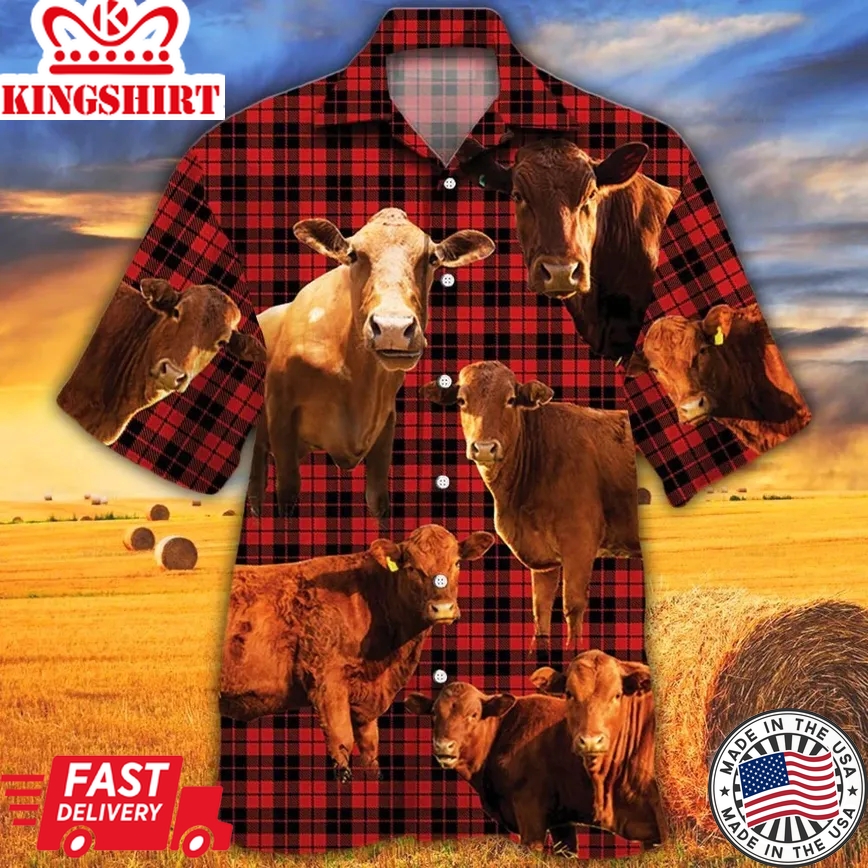 Beefmaster Cattle Lovers Red Tartan Pattern Trendy Hawaiian Shirt, Cow Trendy Hawaiian Shirt For Summer Gifts