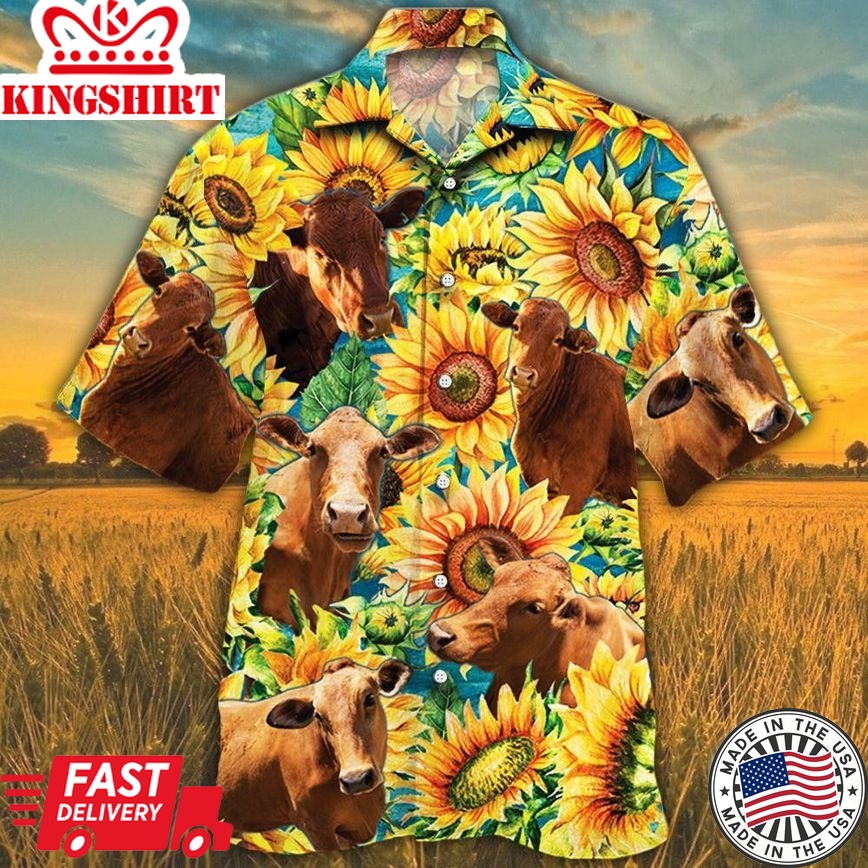 Beefmaster Cattle Lovers Sunflower Watercolor Trendy Hawaiian Shirt, Cow Trendy Hawaiian Shirt For Summer Gifts