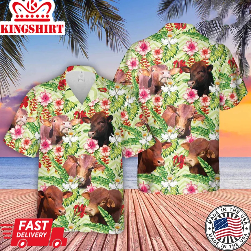 Beefmaster Hibicus Floral 3D Trendy Hawaiian Shirt, Farm Lover Hawaii Shirt, Hawaiian Casual Button Down Shirt