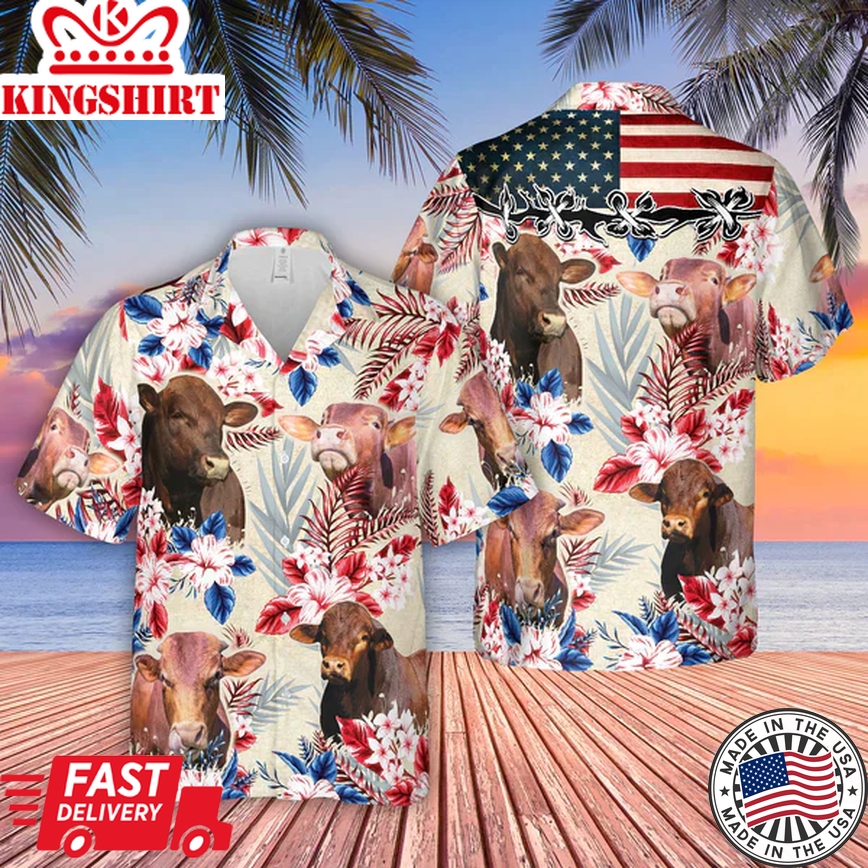 Beefmaster Pattern Us Flag Trendy Hawaiian Shirt, Farm Cow Trendy Hawaiian Shirt For Men And Women