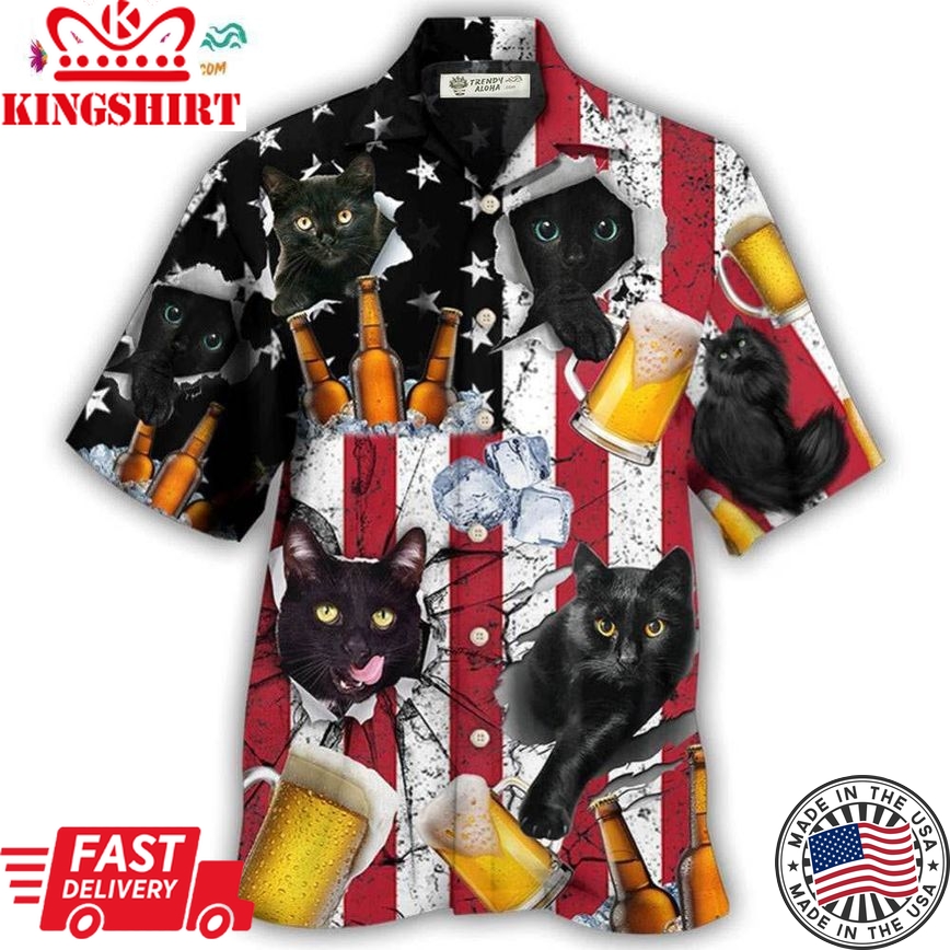 Beer And Black Cat American Flag Vintage Hawaiian Shirt