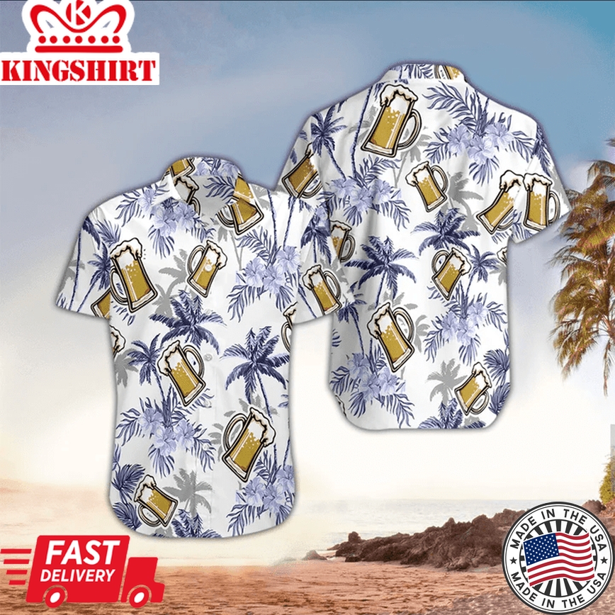 Beer And Coconut Tree Pattern Trendy Hawaiian Shirt For Men, Beer Day Gift, Gift For Beer Lover