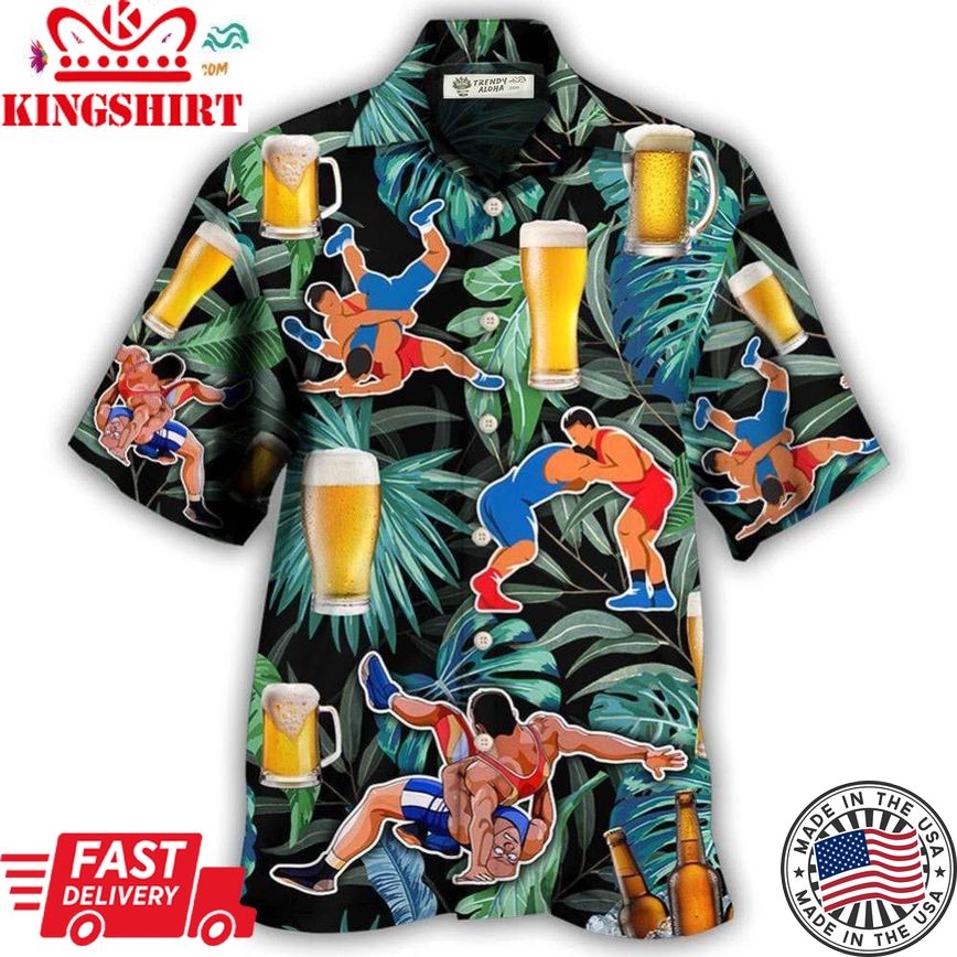 Beer And Wrestling Tropical Pattern Hawaiian Shirt