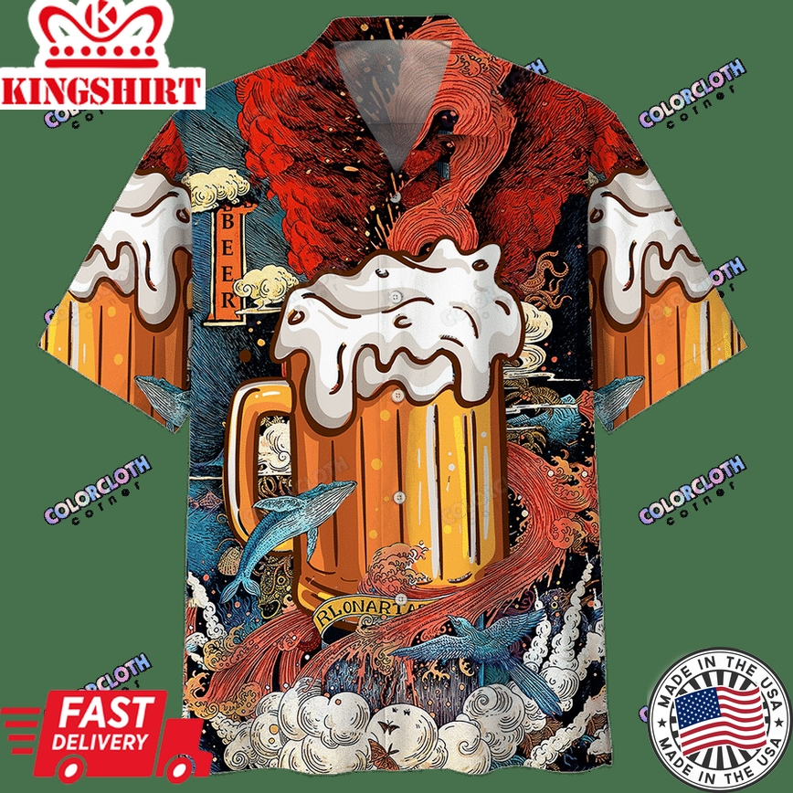 Beer Hawaii Shirt Beer Cup In Ocean Red Blue Hawaiian Aloha Shirt