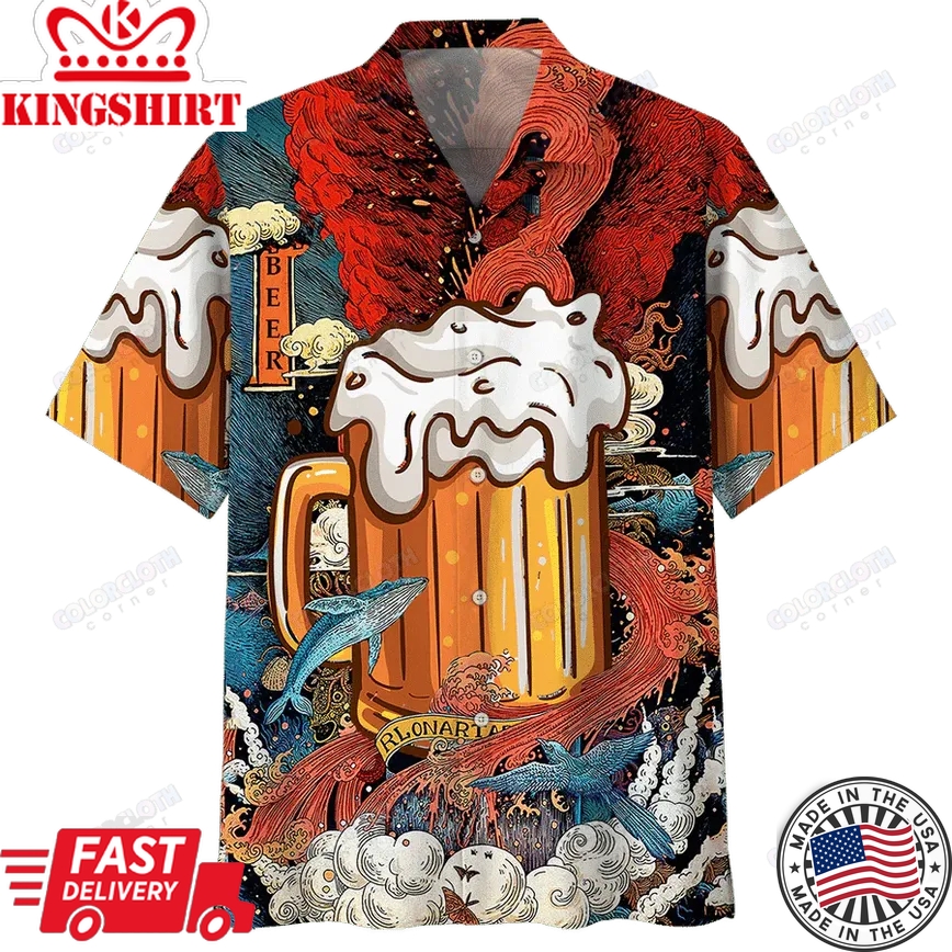 Beer Hawaii Shirt Beer Cup In Ocean Red Blue Trendy Hawaiian Shirt Beer Aloha Shirt