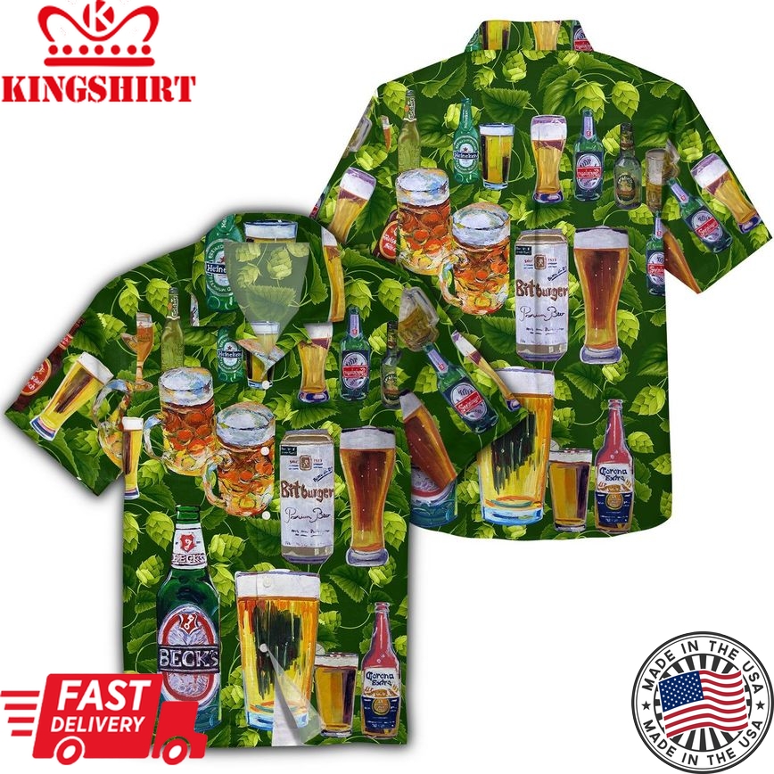 Beer Hawaii Shirt Beer Cups And Bottle Pattern Tropical Green Hawaiian Aloha Shirt