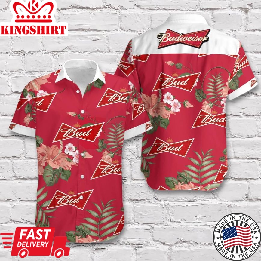 Beer Hawaii Shirt Budweiser Logo Tropical Hibiscus Flower Red Hawaiian Aloha Shirt