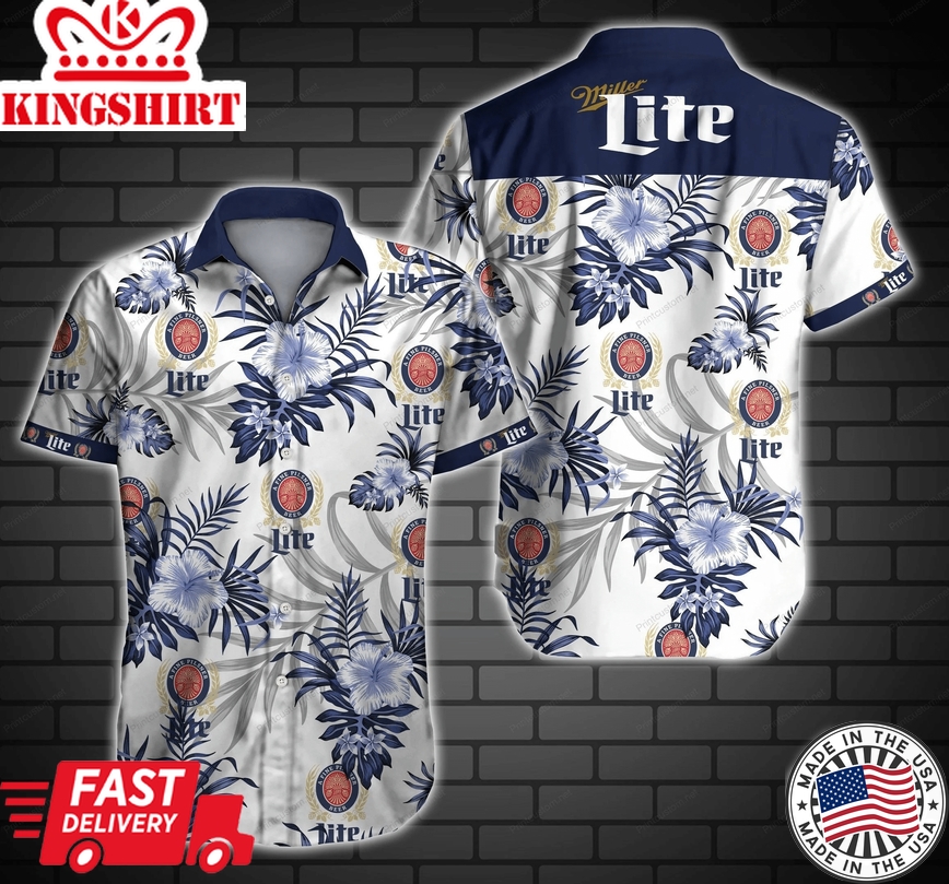 Beer Hawaii Shirt Miller Lite Hibiscus Flower Pattern White Blue Hawaiian Aloha Shirt