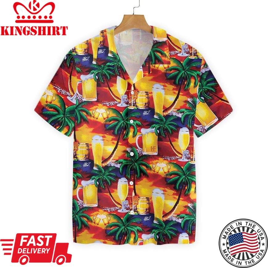 Beer Hawaii Shirt Tropical Sunset Beer Cups Pattern Yellow Red Hawaiian Aloha Shirt