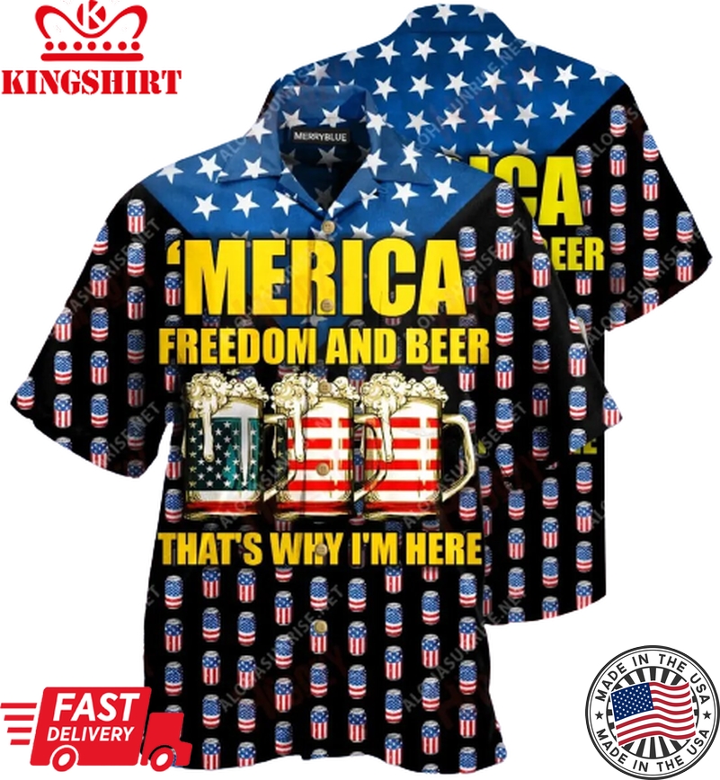 Beer Hawaiian Shirt American Flag Beer Cups Merica Freedom And Beer That's Why I'M Here Black Hawaii Aloha Shirt