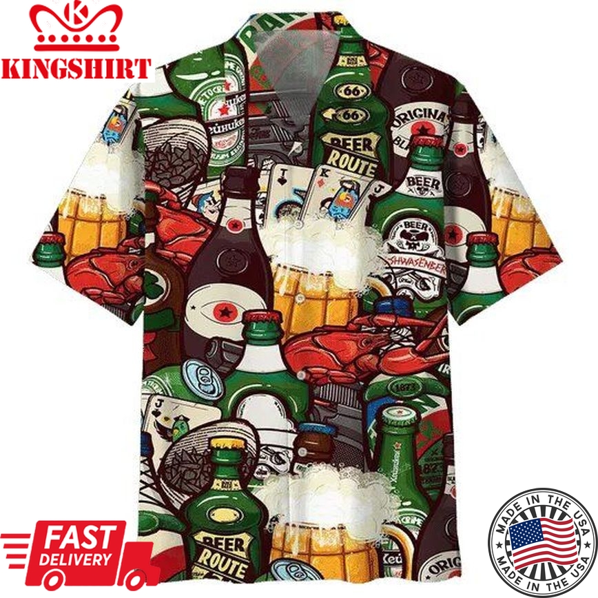 Beer Hawaiian Shirt Beer Bottles With Lobster Pattern Hawaii Aloha Shirt