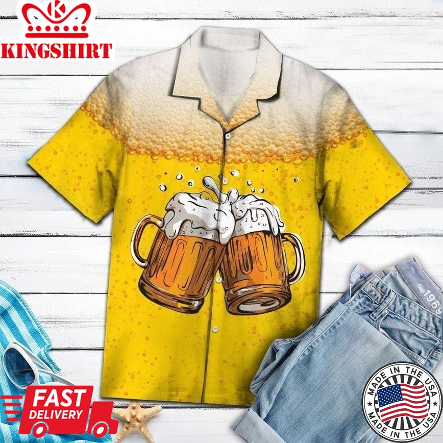 Beer Hawaiian Shirt Beer Cups Cheer Beer Bubble Yellow Hawaii Aloha Shirt