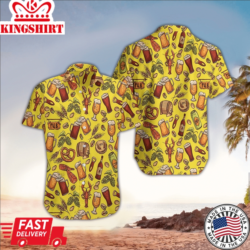 Beer Hawaiian Shirt Beer Pub And Food Yellow Aloha Shirt