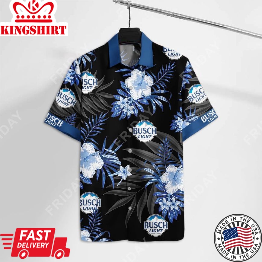 Beer Hawaiian Shirt Busch Light Logo Hibiscus Flower Pattern Blue Black Hawaii Aloha Shirt