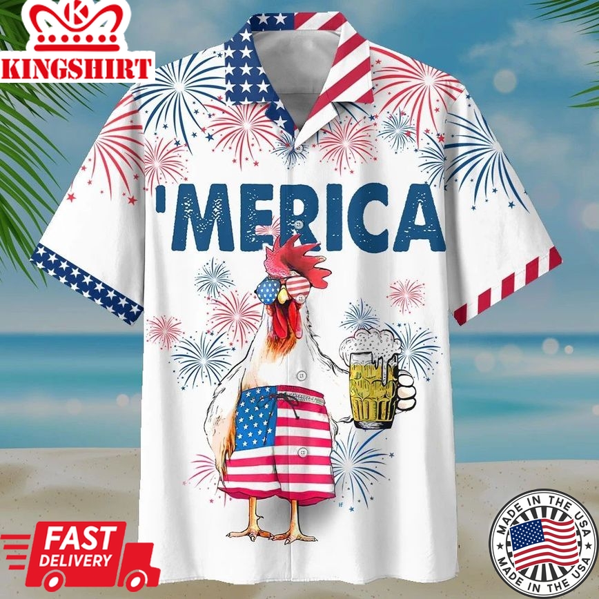 Beer Hawaiian Shirt Glasses Chicken Drinks Beer Merica Fireworks White Hawaii Aloha Shirt