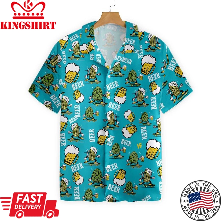 Beer Hawaiian Shirt Hops And Beer Cups Blue Aloha Shirt