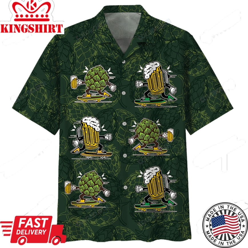 Beer Hawaiian Shirt Hops And Beer Cups Dark Green Aloha Shirt