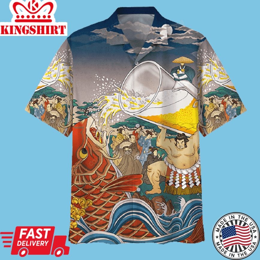 Beer Hawaiian Shirt Sumo Beer Drinking Japanese Style Aloha Shirt