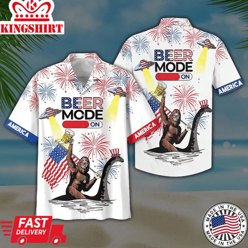 Beer Mode On Bigfoot Ufo White Trendy Hawaiian Shirt, Short Sleeve Hawaiian Aloha Shirt For Men