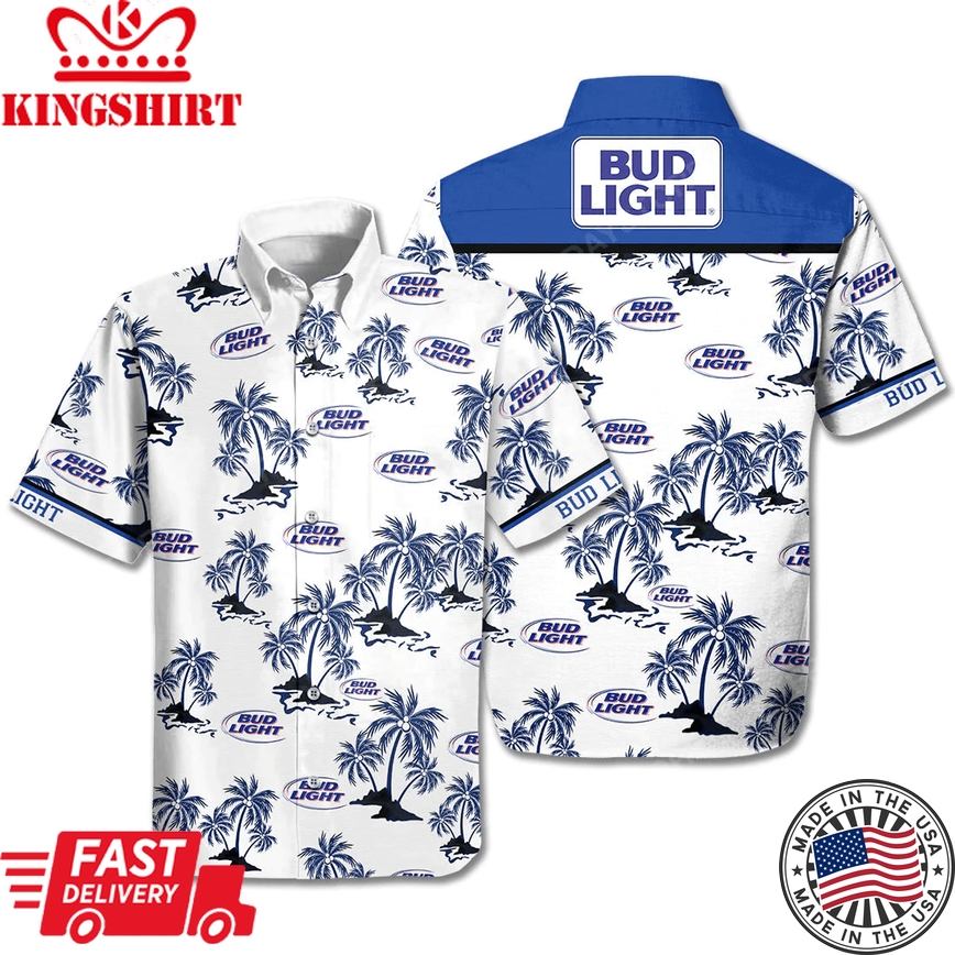 Beer Trendy Hawaiian Shirt Bud Light Beer Palm Trees White Blue Hawaii Aloha Shirt Beer Hawaii Shirt