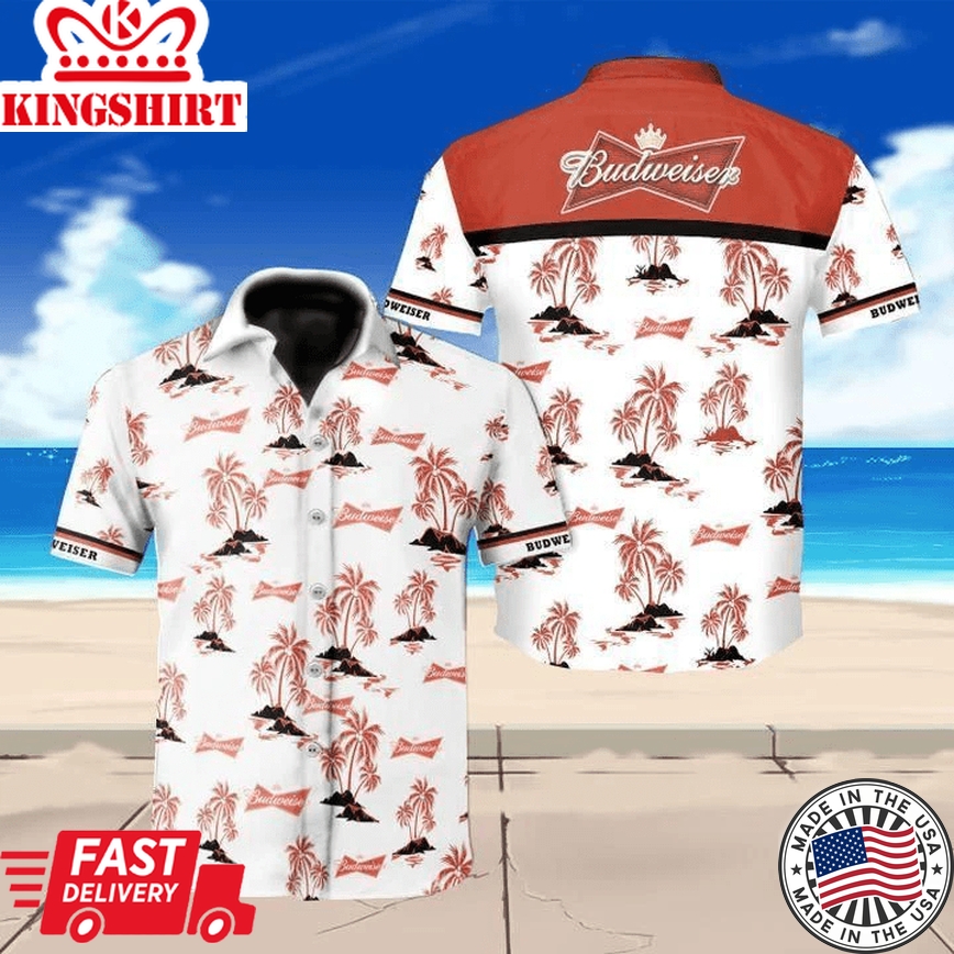 Beer Trendy Hawaiian Shirt Budweiser Logo Tropical Palm Trees Pattern Red White Hawaii Aloha Shirt