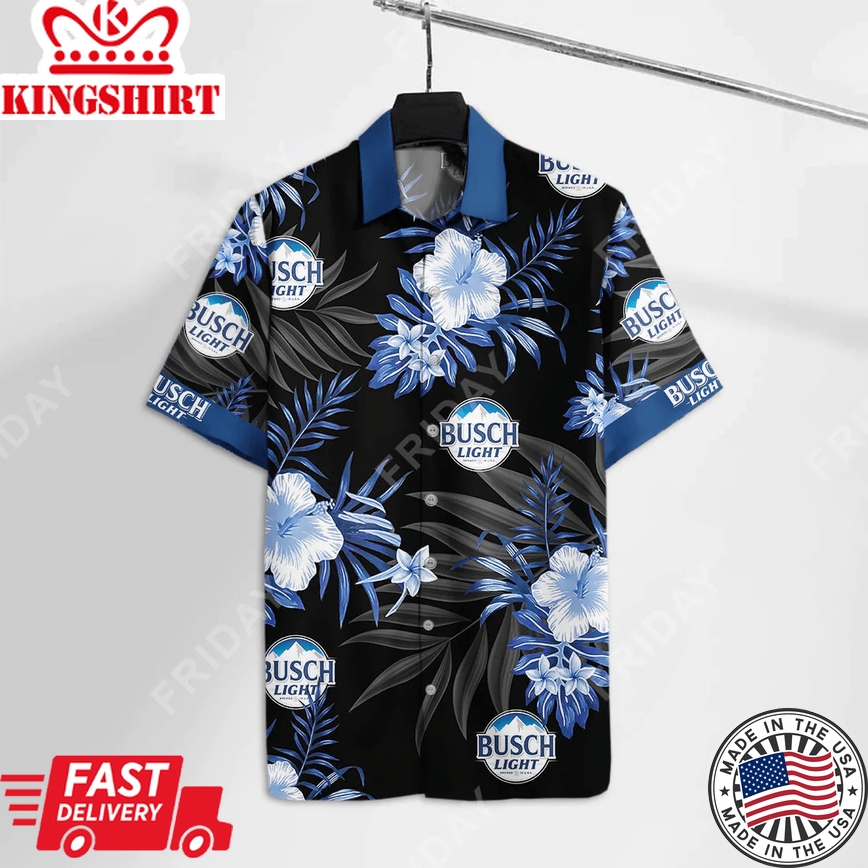 Beer Trendy Hawaiian Shirt Busch Light Logo Hibiscus Flower Pattern Blue Black Hawaii Aloha Shirt