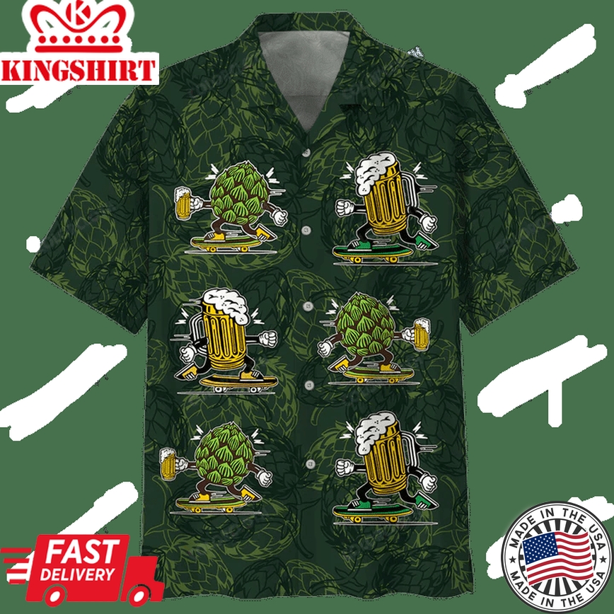 Beer Trendy Hawaiian Shirt Hops And Beer Cups Dark Green Aloha Shirt Beer Hawaii Shirt