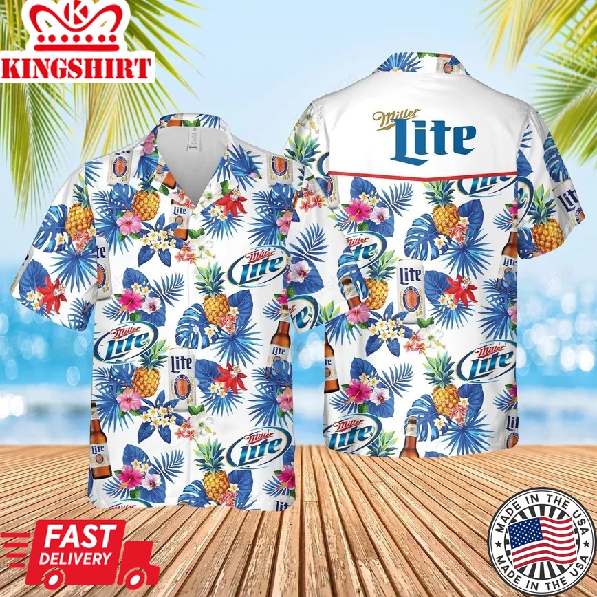 Beer Trendy Hawaiian Shirt Miller Lite Beer Palm Leaf Tropical White Hawaii Aloha Shirt Beer Hawaii Shirt