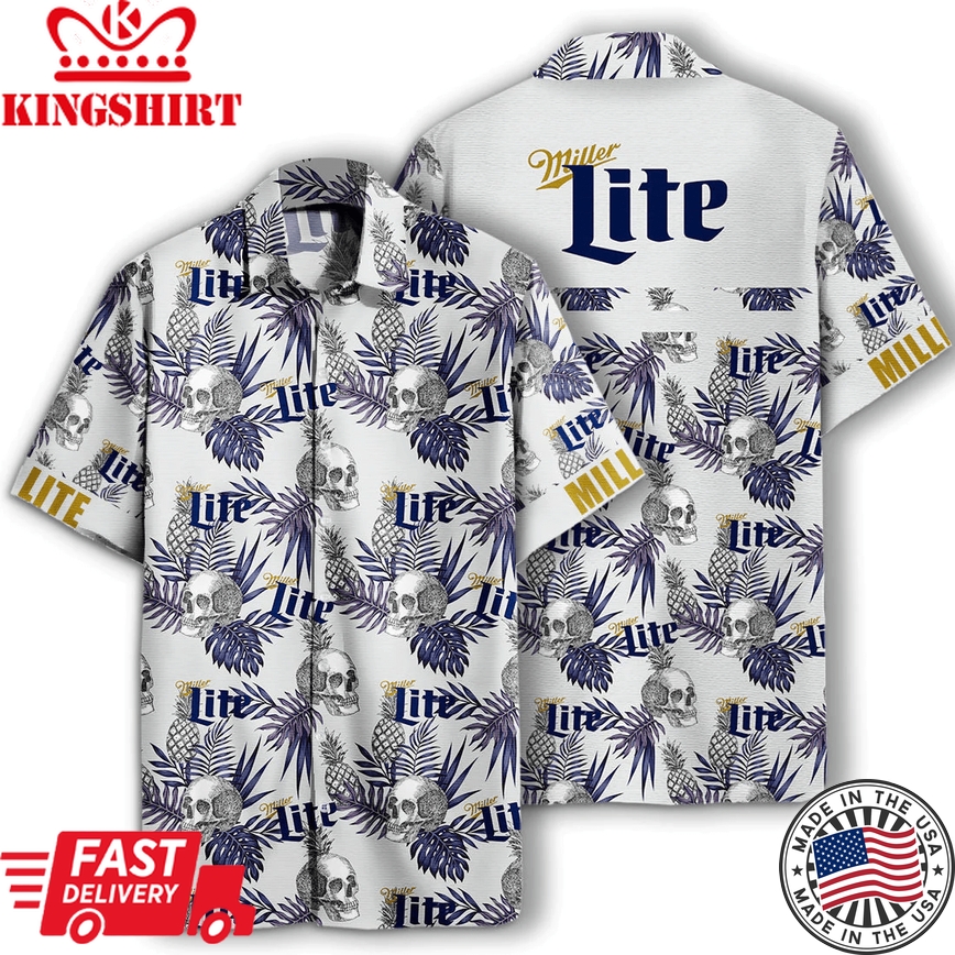 Beer Trendy Hawaiian Shirt Miller Lite Skull Pineapple Pattern Black White Hawaiian Aloha Shirt