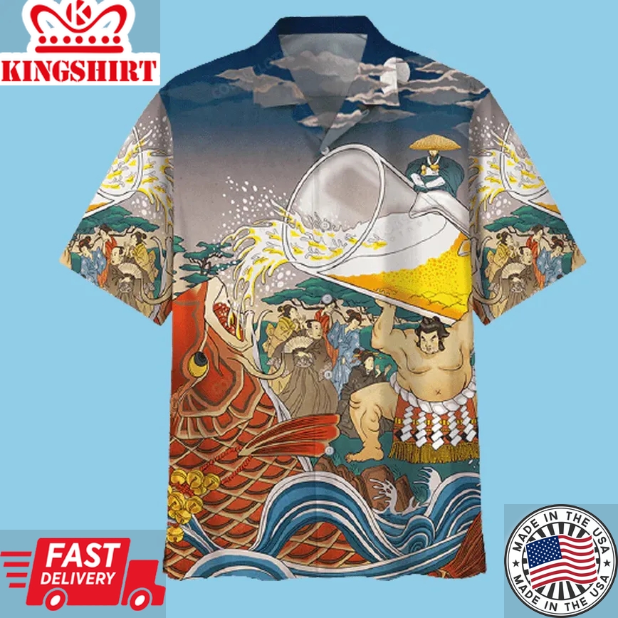 Beer Trendy Hawaiian Shirt Sumo Beer Drinking Japanese Style Aloha Shirt Beer Hawaii Shirt