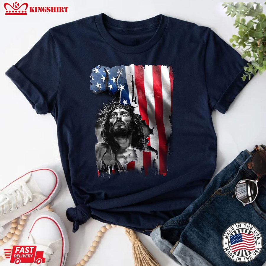 Behind America Is God Jesus Patriotic Religious Theme T-Shirt