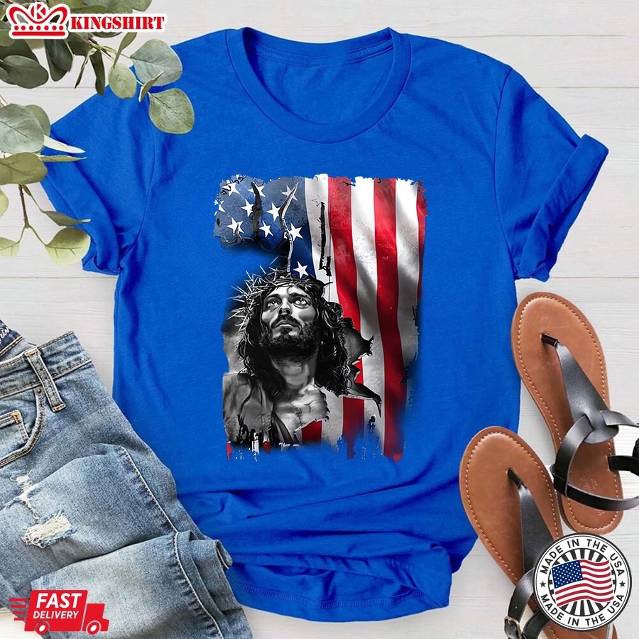 Behind America Is God Jesus Patriotic Religious Theme T-Shirt