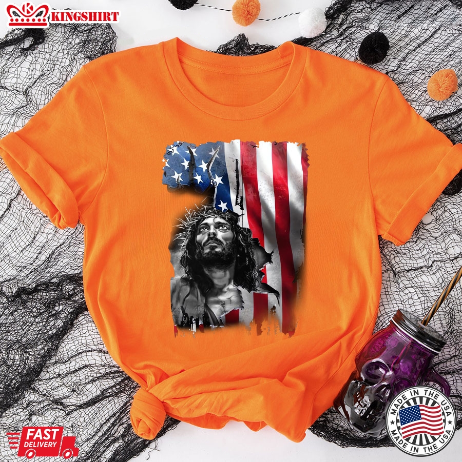 Behind America Is God Jesus Patriotic Religious Theme T-Shirt