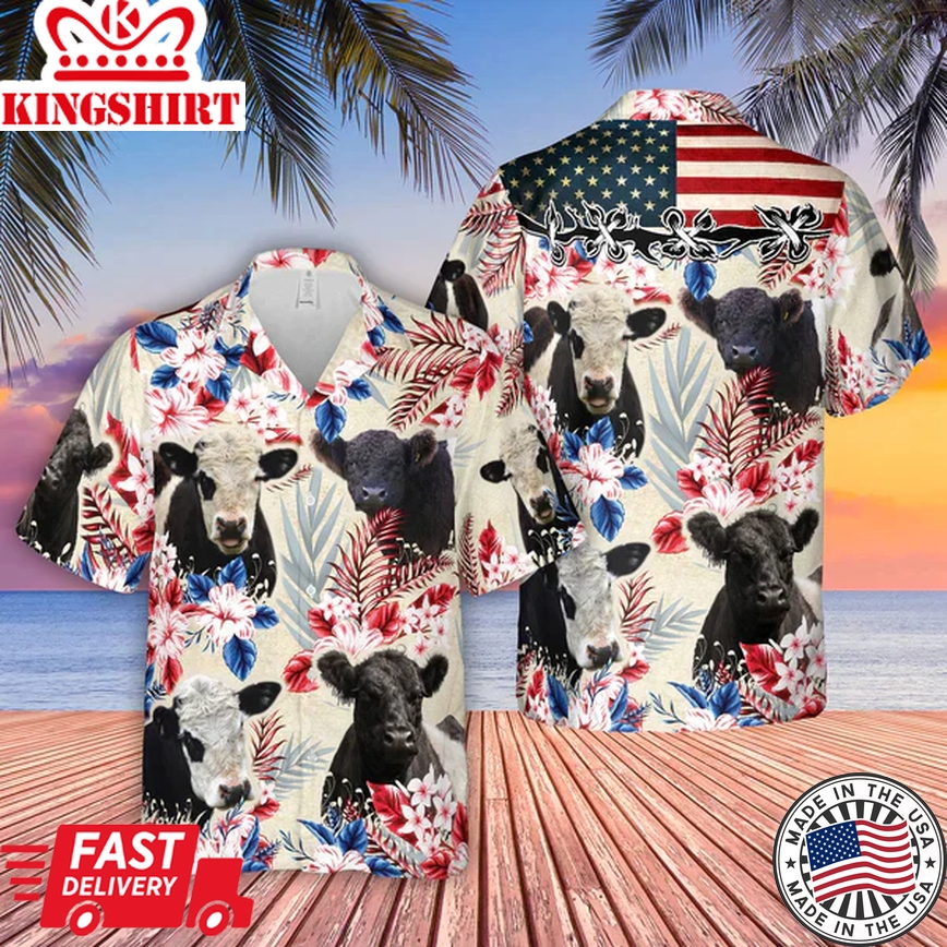 Belted Galloway Pattern Us Flag Trendy Hawaiian Shirt, Farm Cow Trendy Hawaiian Shirt For Men And Women