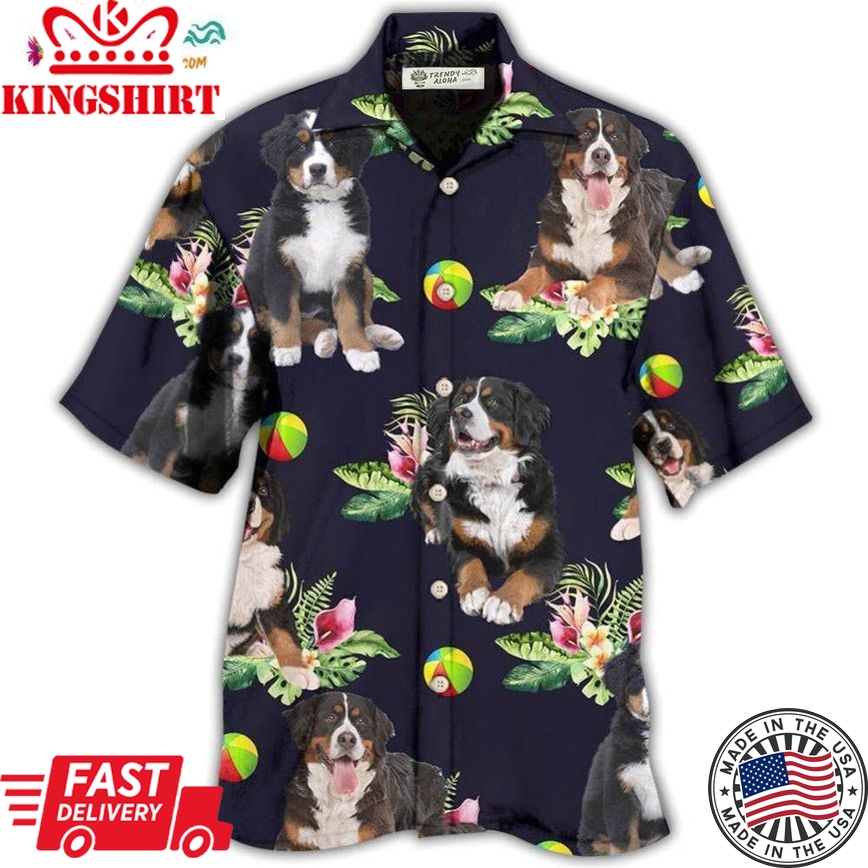 Bernese Mountain Dog Ball Tropical Floral Hawaiian Shirt