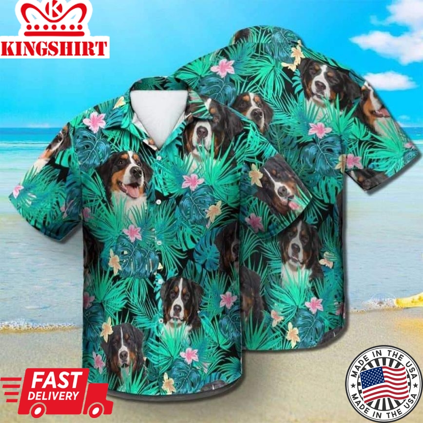 Bernese Mountain Dog Trendy Hawaiian Shirt, Dog Summer Leaves Trendy Hawaiian Shirt, Unisex Print Aloha Short Sleeve Casual Shirt Summer Gifts